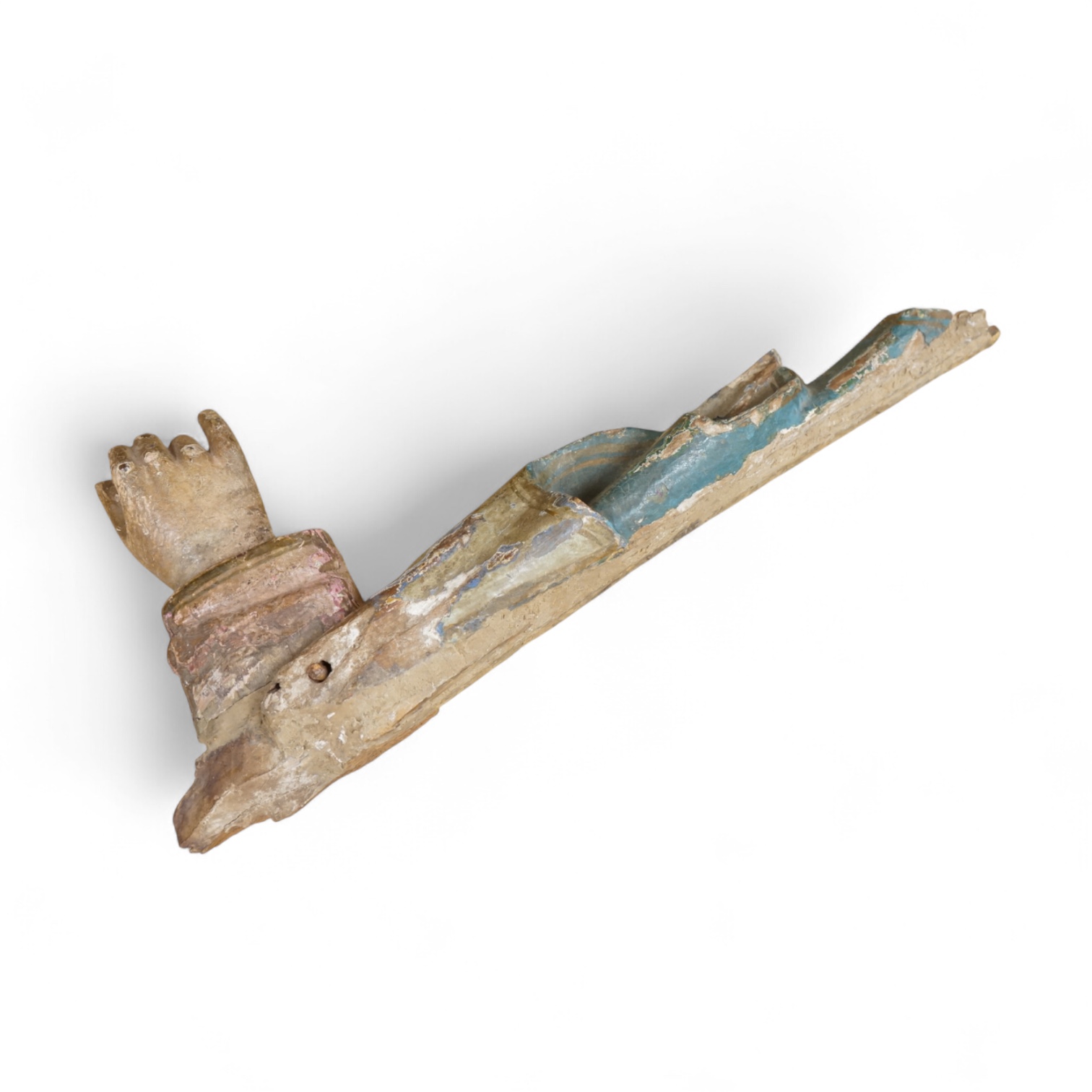 An 18th/19th century painted wood model of a Saint's arm, 56cm